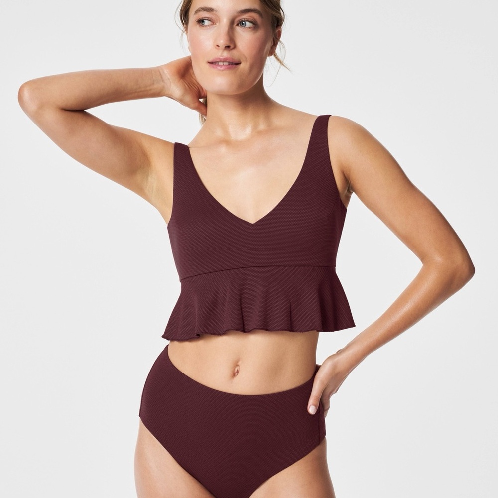 Spanx pique longline flounce swim top mulberry 1X